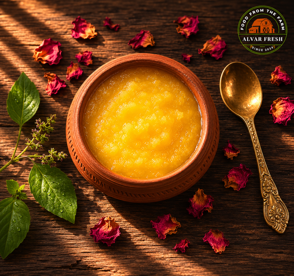 A2 cow ghee meaning — golden desi ghee in a clay pot with brass spoon