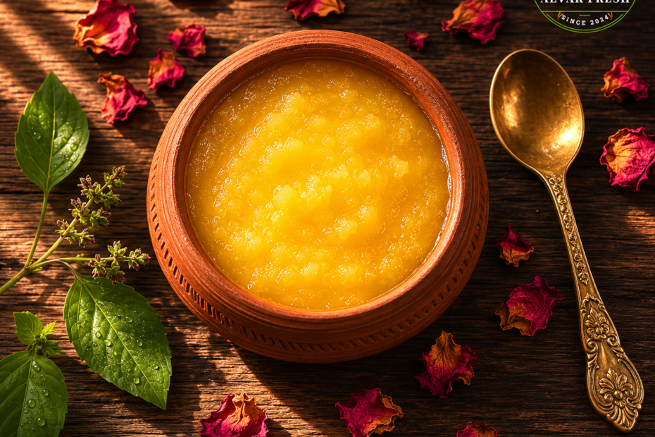 A2 cow ghee meaning — golden desi ghee in a clay pot with brass spoon