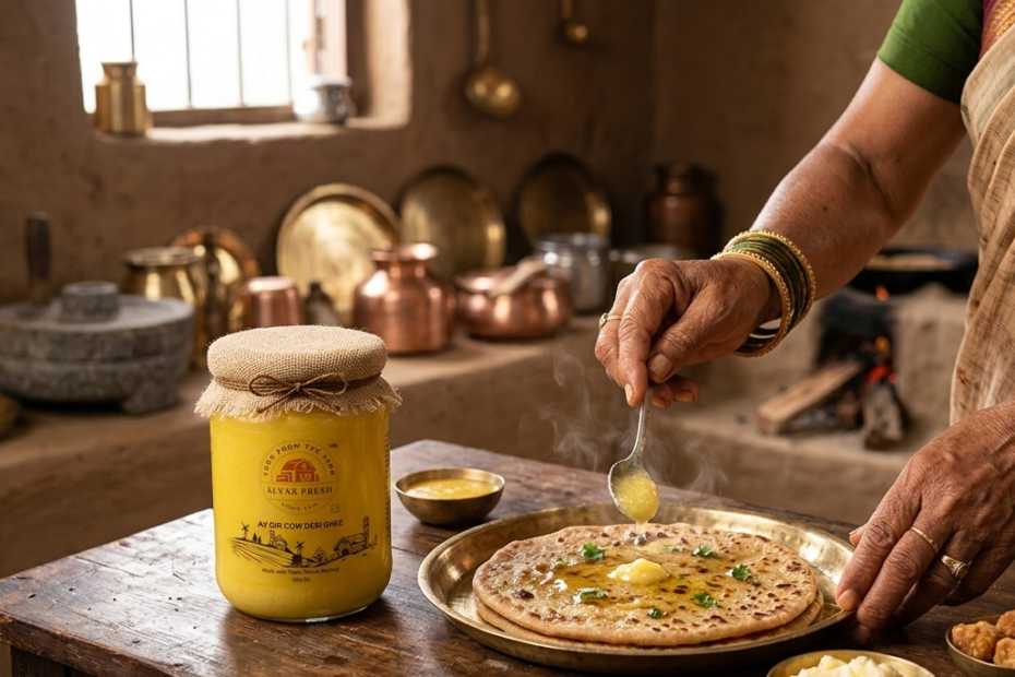 A jar of pure desi ghee with golden color on a wooden surface
