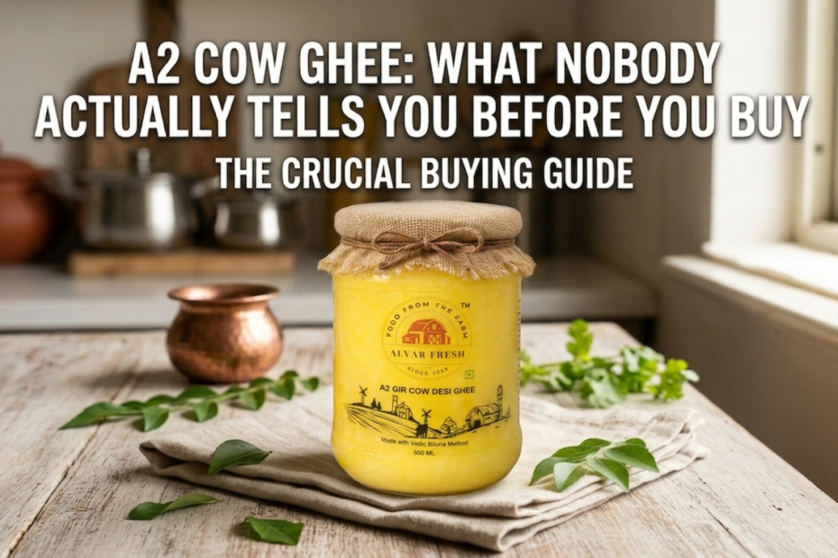 A jar of A2 cow ghee with golden color placed on a rustic wooden surface