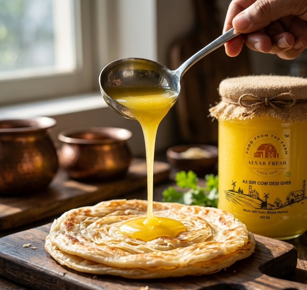 olden yellow color and grainy texture of genuine A2 cow ghee in a glass jar