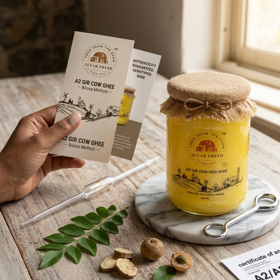 Golden yellow color and grainy texture of genuine A2 cow ghee in a glass jar